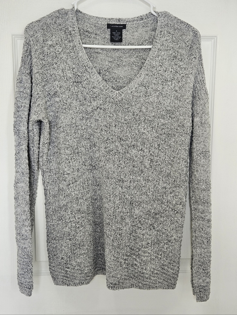 Calvin Klein Light Gray V-Neck Marled Knit Sweater